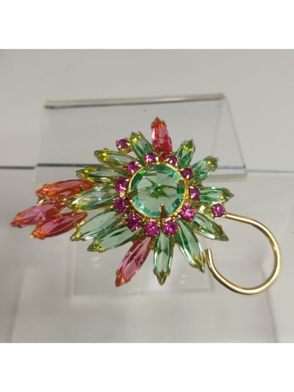 Glow Navette Rhinestone Flower Brooch Pin Vintage Pink Green Gold Tone Starburst